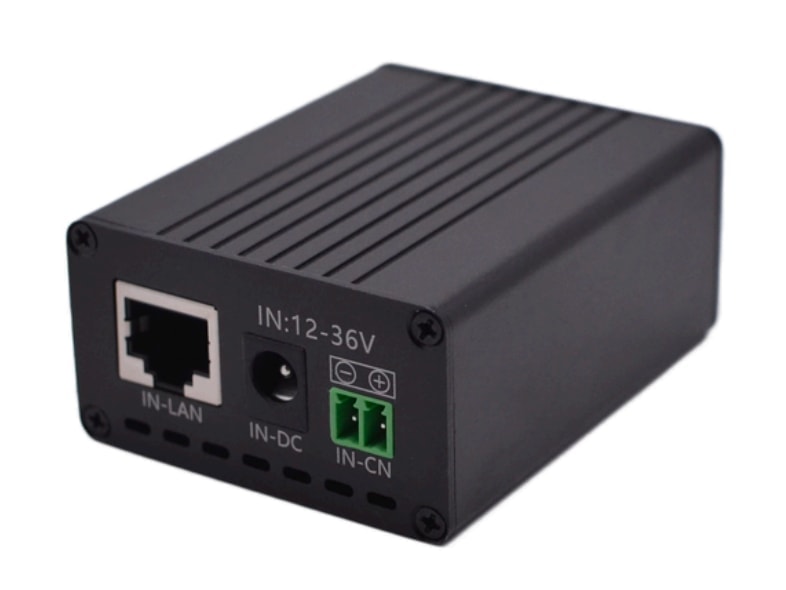 Convertisseur Maxsol POE24V avec ports Ethernet Gigabit, connexions d’alimentation et afficheur LCD