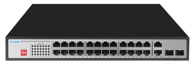 Vue du switch PoE Gigabit PS12402FG avec vingt-quatre ports PoE et des ports uplink RJ45 et SFP