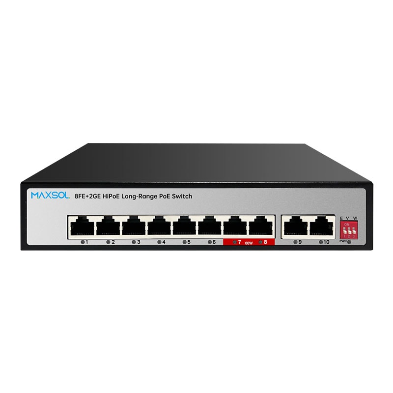Switch PoE longue portée Maxsol PS1802GE avec 8 ports PoE et 2 ports montants Gigabit