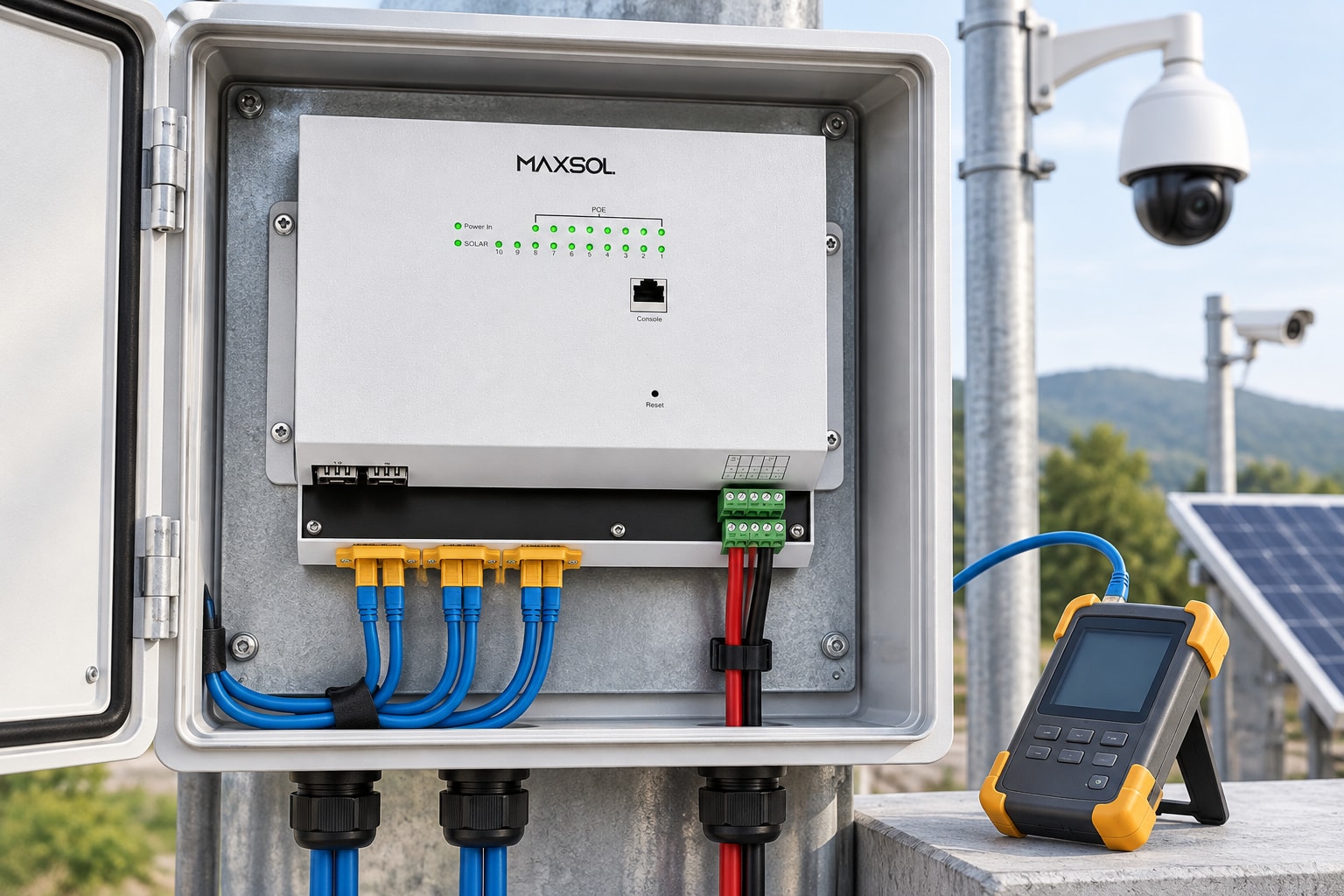 Vue du switch PoE industriel solaire Maxsol IOT2802SFG-S