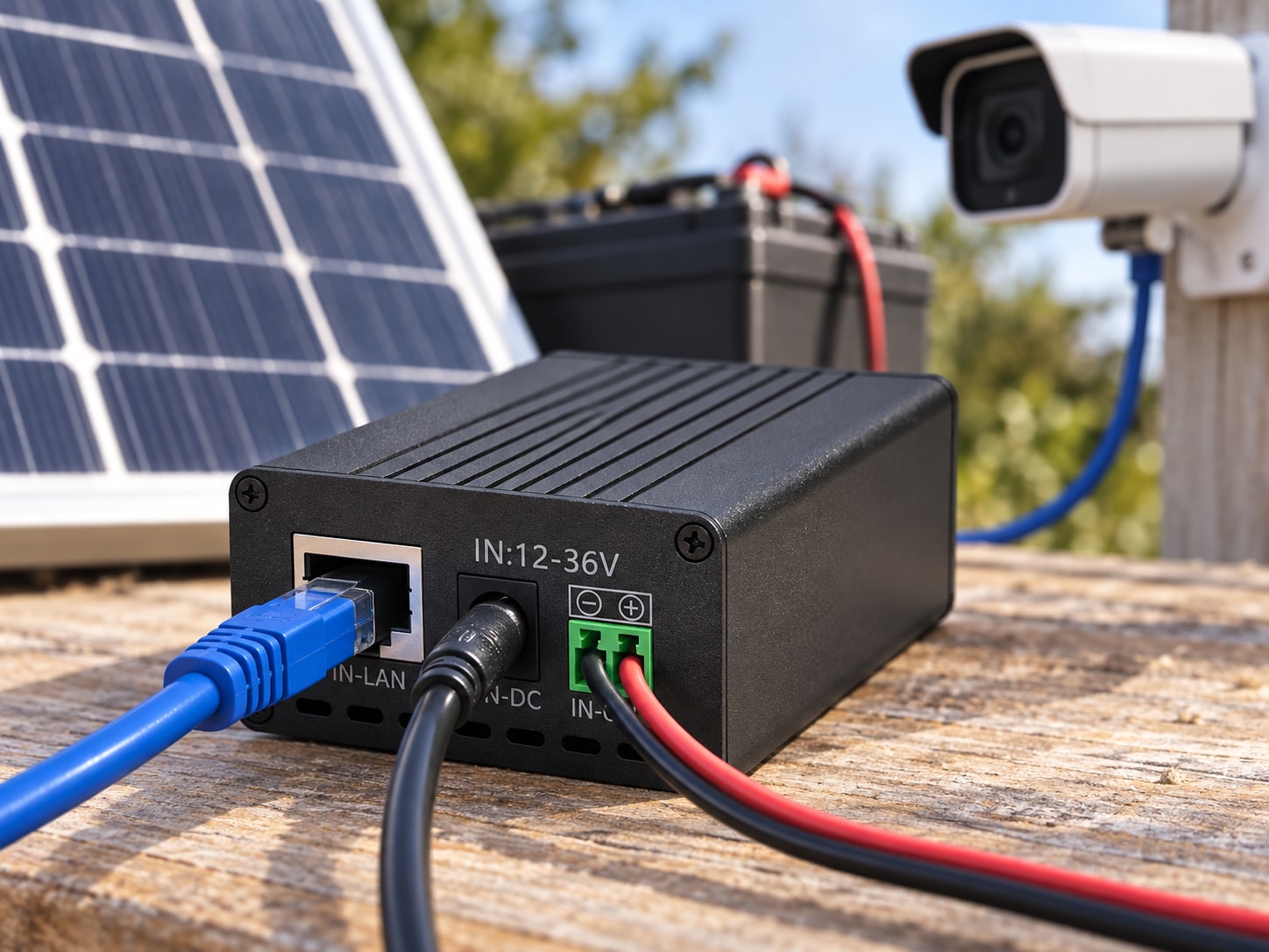 Convertisseur DC vers PoE Maxsol POE24V avec ports Ethernet Gigabit, sortie réglable et afficheur LCD