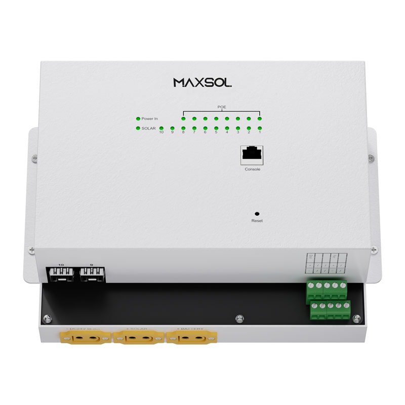 Switch PoE industriel solaire Maxsol IOT2802SFG-S et ses interfaces réseau